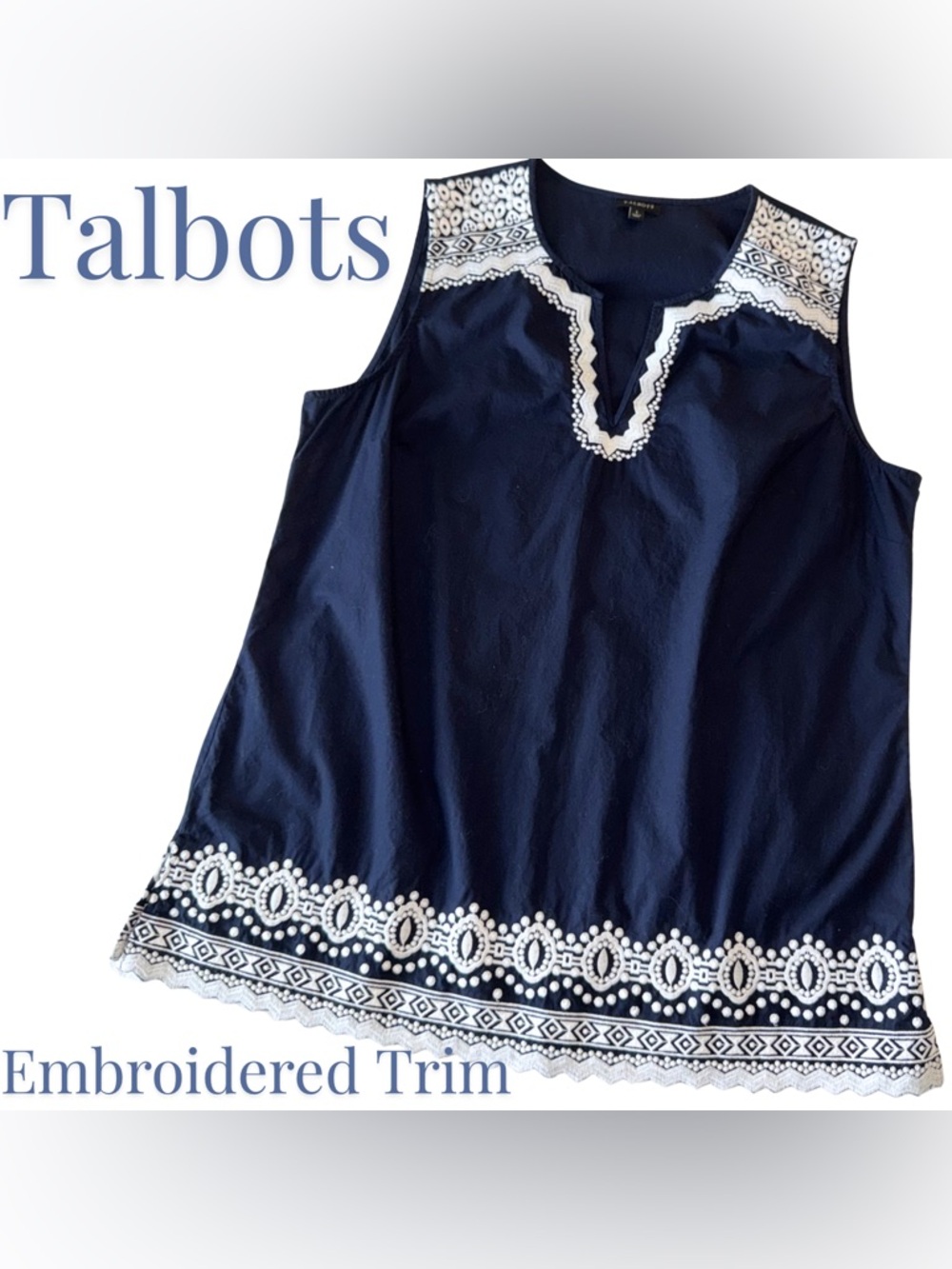 Talbots Size L Navy Blue Sleeveless Embroidered Trim Blouse Boho Chic